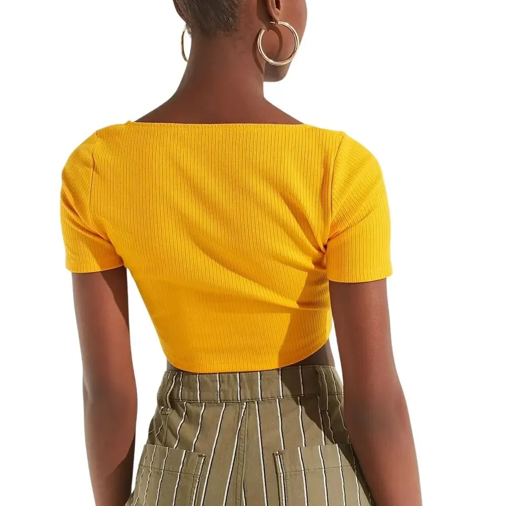 Urban Outfitters Mustard Yellow Ribbed Tie-Front Crop Top Women's Small Festival - Picture 2 of 14